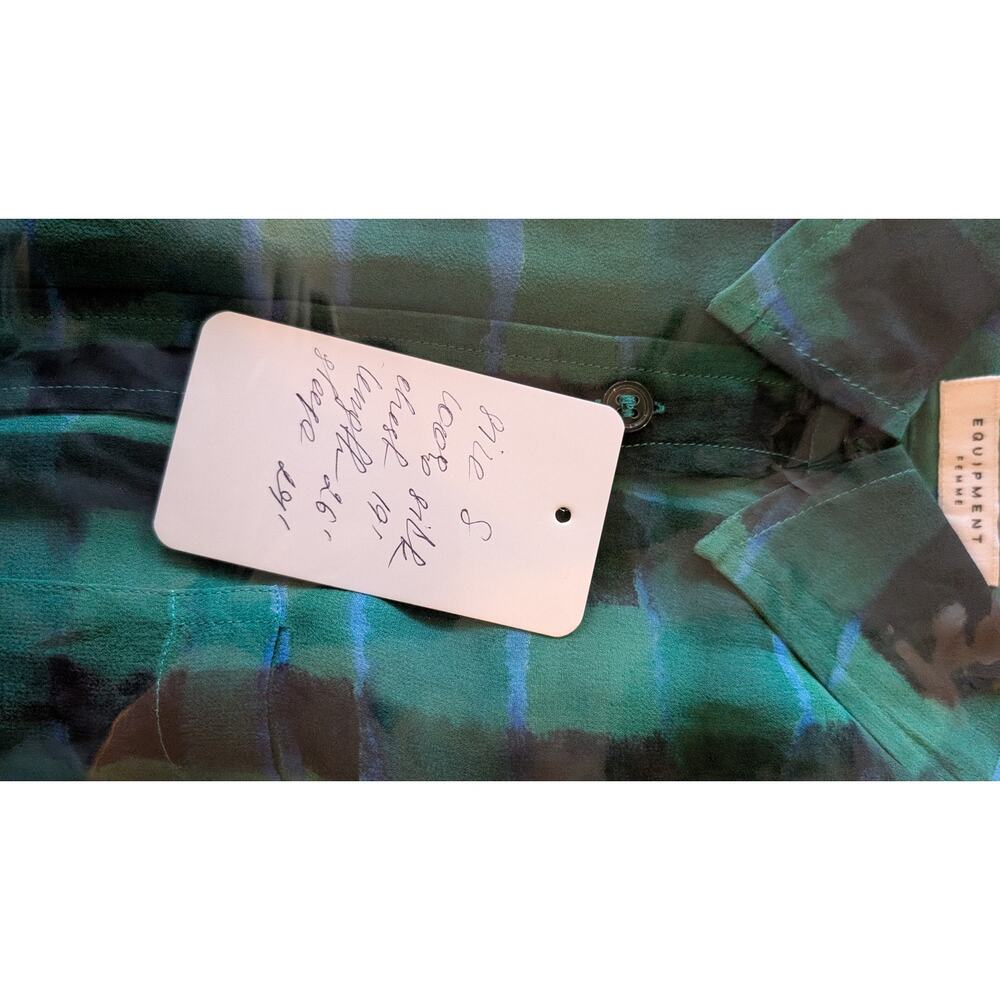 100% Silk Equipment Femme Sheer Green Blue Black Plaid Blouse | Size S - Picture 9 of 9